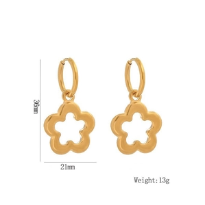 Gold-plated stainless steel flower drop earrings with dimensions 36mm by 21mm