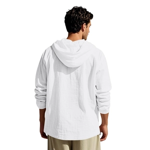 Back view of a white hooded linen shirt for men showing its loose fit and drape