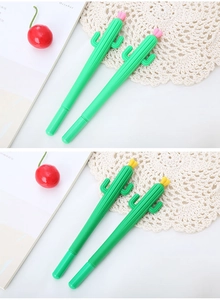 Detail of cute cactus-shaped gel pens with flower toppers and textured green grip