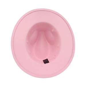 Detail view of pink jazz hat label showing 65% cotton and 35% polyester material blend