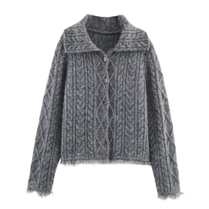 Cardigan In Maglia A Trecce Donna Grigio Manica Lunga Collo A Revers Orlo Con Frange Morbido Caldo Maglione
