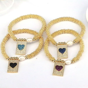 Classic gold beaded heart bracelets with rectangular charms and colorful zircons
