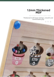 Detail of 12mm thick wooden magnetic maze toy with colorful cupcake number sorting
