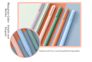Detailed macro view of minimalist retractable gel pens in five soft macaron colors