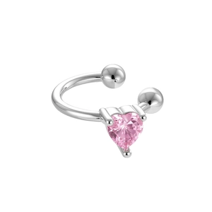 Exquisite silver heart zircon ear cuff with pink heart stone on white background