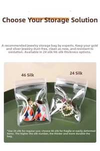 Macro view of transparent PVC jewelry bags showing 24 and 46 silk thickness detail