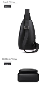 Detailed back and bottom view of black pebble leather chest bag with adjustable strap