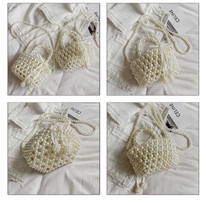 Détail du mini sac tissé en perles fait main avec cordon de soie blanc et nœud