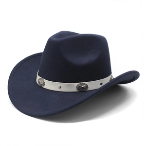 Retro Western Cowboy Hat Wide Curved Brim Wool Felt With White Faux Leather Band Silver Metal Conchos For Men Women