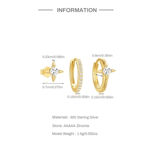 Detailed dimensions of gold S925 silver star hoop earrings with AAAAA cubic zirconia