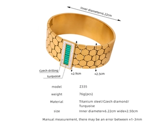 Detail of gold honeycomb cuff bracelet with turquoise stones and dimensions display