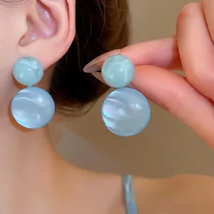 Minimalist light blue resin double ball stud earrings with marble texture for women