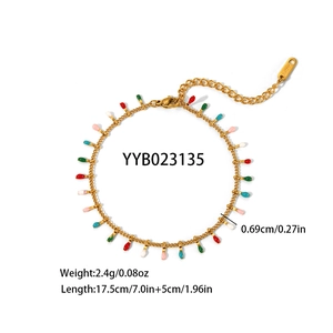 Detail of gold stainless steel chain with colorful bulb charms and size measurements