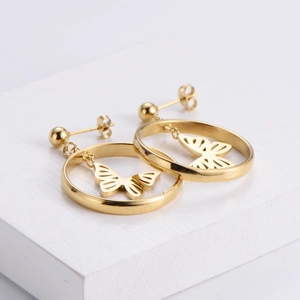 Gold hollow butterfly pendant hoop earrings in stainless steel for women
