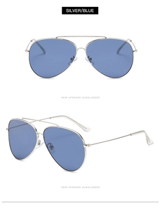 Detail of silver aviator sunglasses with blue lenses from front and 45-degree angles