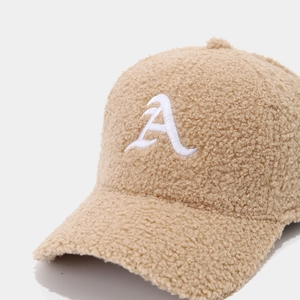 Beige teddy fleece baseball cap with white letter A embroidery for autumn and winter