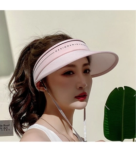 Pink wide brim sun visor with DESIGNENJOYSUN lettering and adjustable chin strap