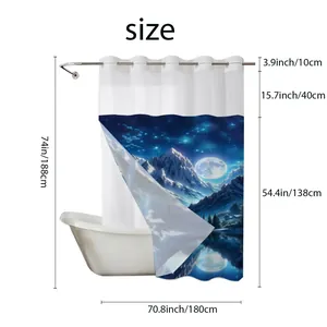 Detailed dimension guide for shower curtain showing 180x188cm size and snowy mountain print