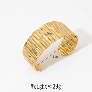 Polished gold textured wide open cuff bracelet in stainless steel with 30mm width