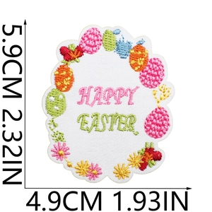 Detail of Happy Easter embroidered patch with colorful eggs and precise 5.9cm size marking