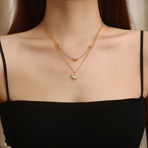Double-layer gold stainless steel butterfly necklace with clear heart zircon pendant