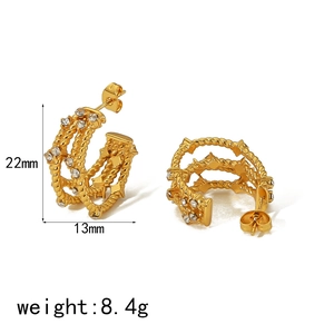 18k gold plated stainless steel C-shaped twisted earrings with cubic zirconia, 22mm size