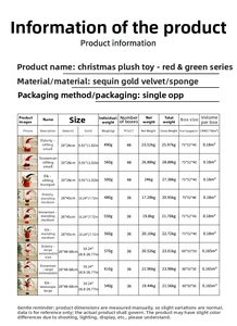 Detailed size chart for Christmas plush dolls showing Santa Snowman Reindeer dimensions
