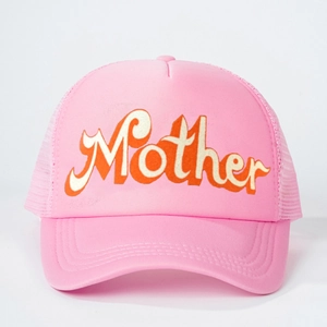 Pink trucker hat with Mother print and breathable mesh back for sun protection