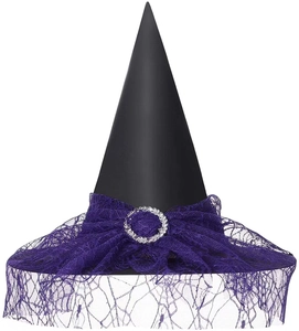 Detail of black wizard hat featuring purple lace trim and a sparkling rhinestone buckle