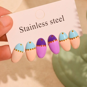 Oval stainless steel earrings with Van Gogh style oil paint enamel and 18k gold plating