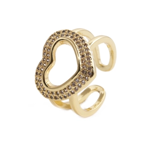 Anello Regolabile Con Ciondolo a Cuore da Donna in Rame Placcato Oro Micro-intarsiato con Zircone Anello Aperto a Doppio Strato Gioielli