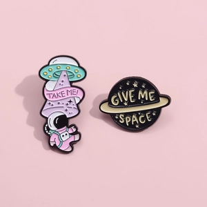 Cute astronaut and UFO enamel pins set with Take Me and Give Me Space slogans