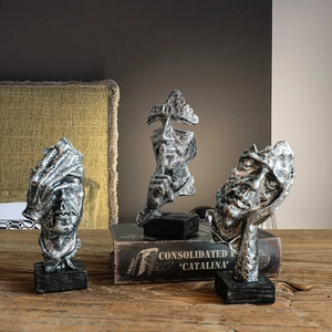 Three-piece Nordic abstract face sculptures Silence Is Golden set in vintage silver finish