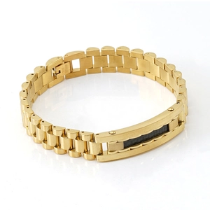 Detailed close-up of 18K gold-plated stainless steel men's bracelet with black inlay