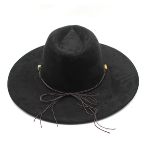 Detail of black wide-brim fedora featuring brown string bow and colored stone beads