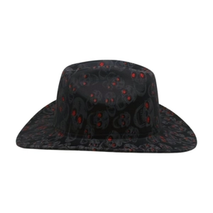 Black cowboy hat with grey skull prints and red glitter eyes on white background