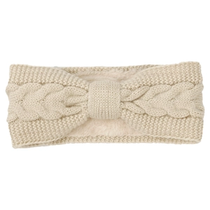 Detail of cable knit headband with warm white fleece lining and soft bow design