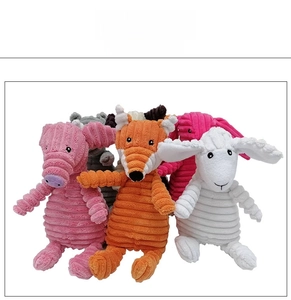 Plush squeaky dog toys featuring corduroy textures in pig, fox and sheep designs