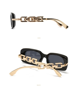 Detail view of square sunglasses featuring side and back views with gold metal chain temples
