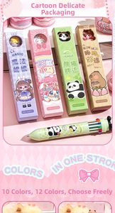 Detail view of colorful retractable multi-color pens with cute cartoon animal patterns