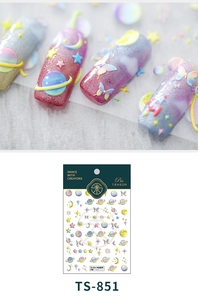 Macro detail of 5D embossed nail art stickers with crystal planets and stars TS-851