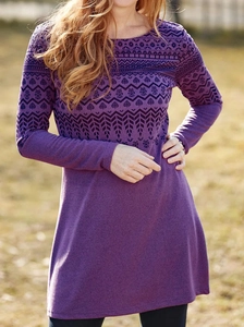Purple long sleeve dress with ethnic print and round neck for women in outdoor setting