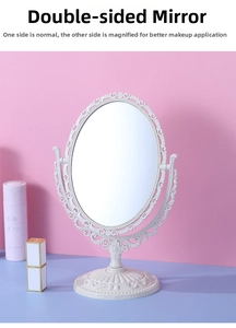 Detail of vintage carved double-sided vanity mirror with 1x and 2x magnification zoom