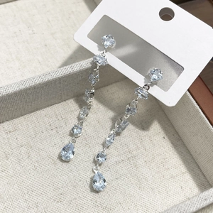 Silver rhinestone teardrop tassel earrings with sparkling crystals in a gift box