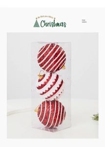 Set of red and white glittery Christmas ball ornaments in a clear display box