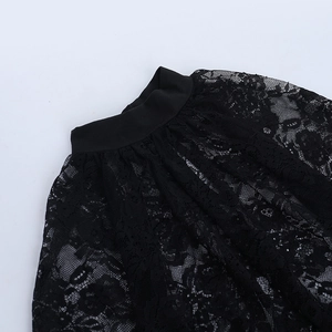 Close-up of exquisite black floral lace fabric with elegant high collar detailing