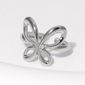 Macro shot of silver cutout butterfly ring with adjustable open band in stainless steel