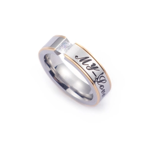 Silver stainless steel couple ring with gold edges, zircon stone and My Love engraving