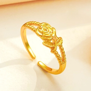 Elegant gold rose flower open ring with bead detailing and adjustable minimalist design