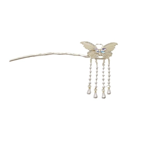 Elegant butterfly hair pin with pearls and golden tassels in a traditional Chinese style